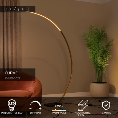 Lucide CURVE - Bogenlampe - LED Dim. - 1x15W 2700K - Mattes Gold / Messing